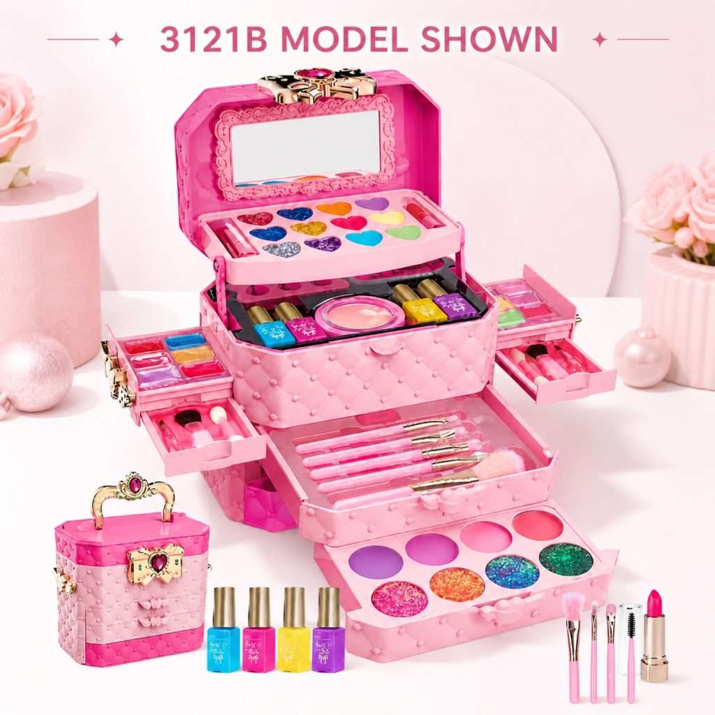 Concept image of the pink makeup box play set labeled as model 3121B