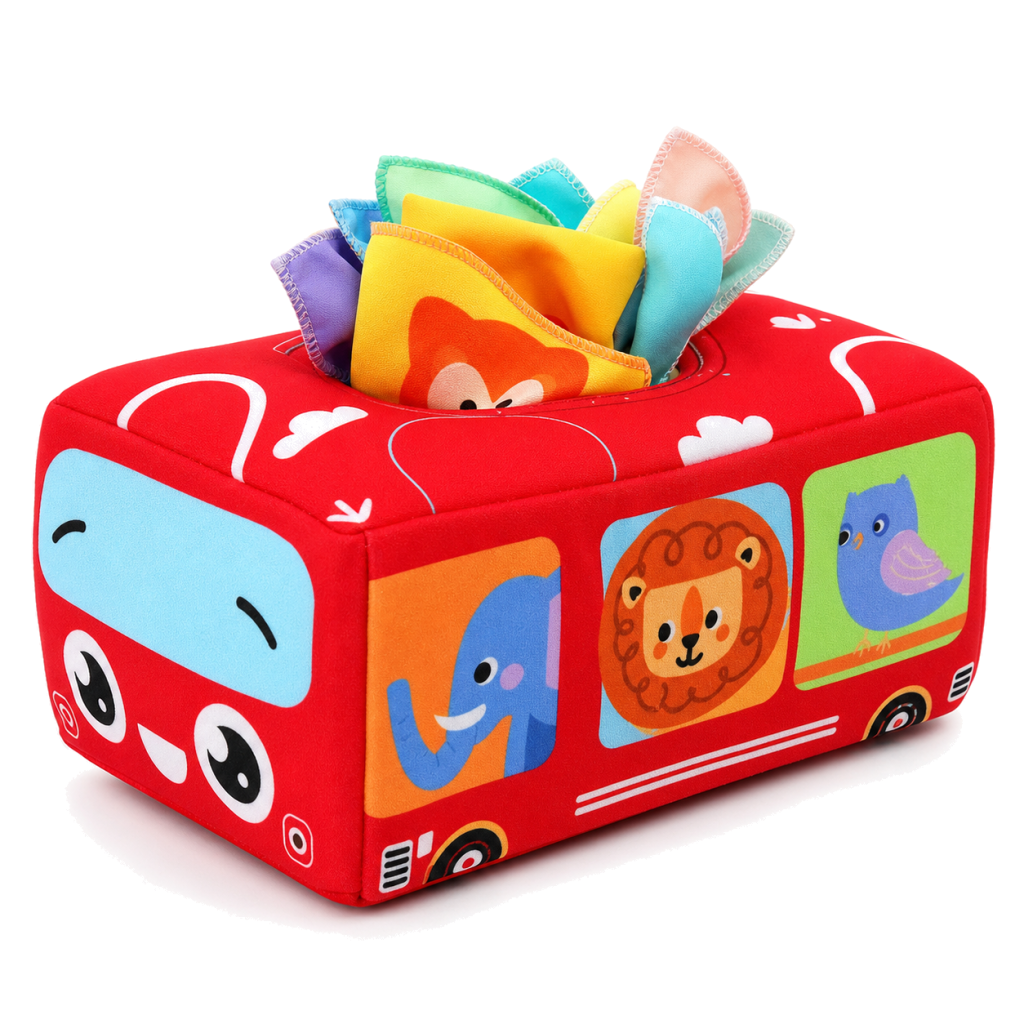 Red baby tissue box toy with colorful pull-out scarves