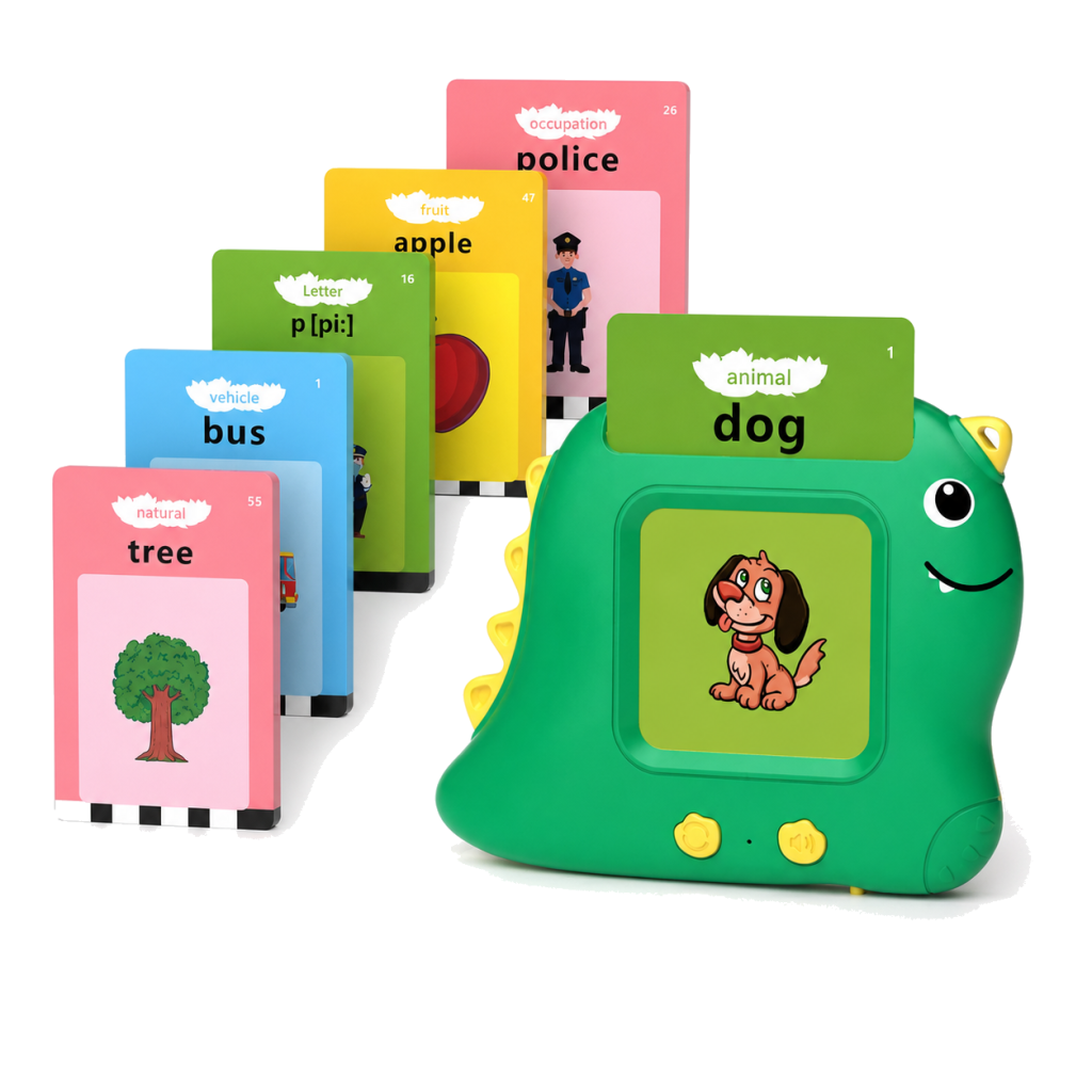Green dinosaur-shaped talking flash card device with learning cards