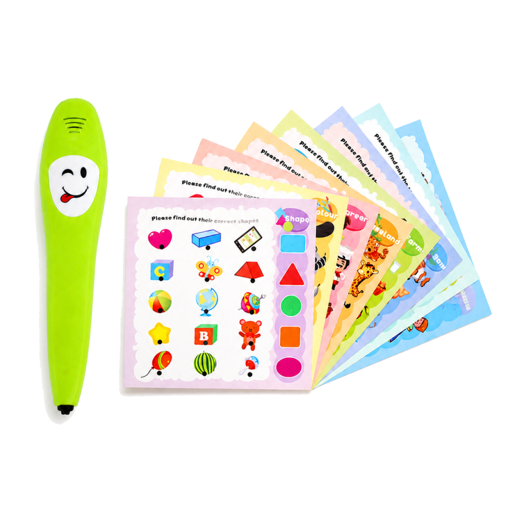 Green talking pen beside colorful English recognition cards