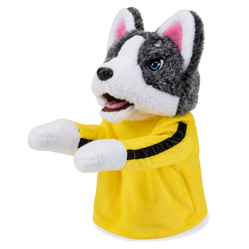 Gray and white husky plush puppet wearing a yellow shirt