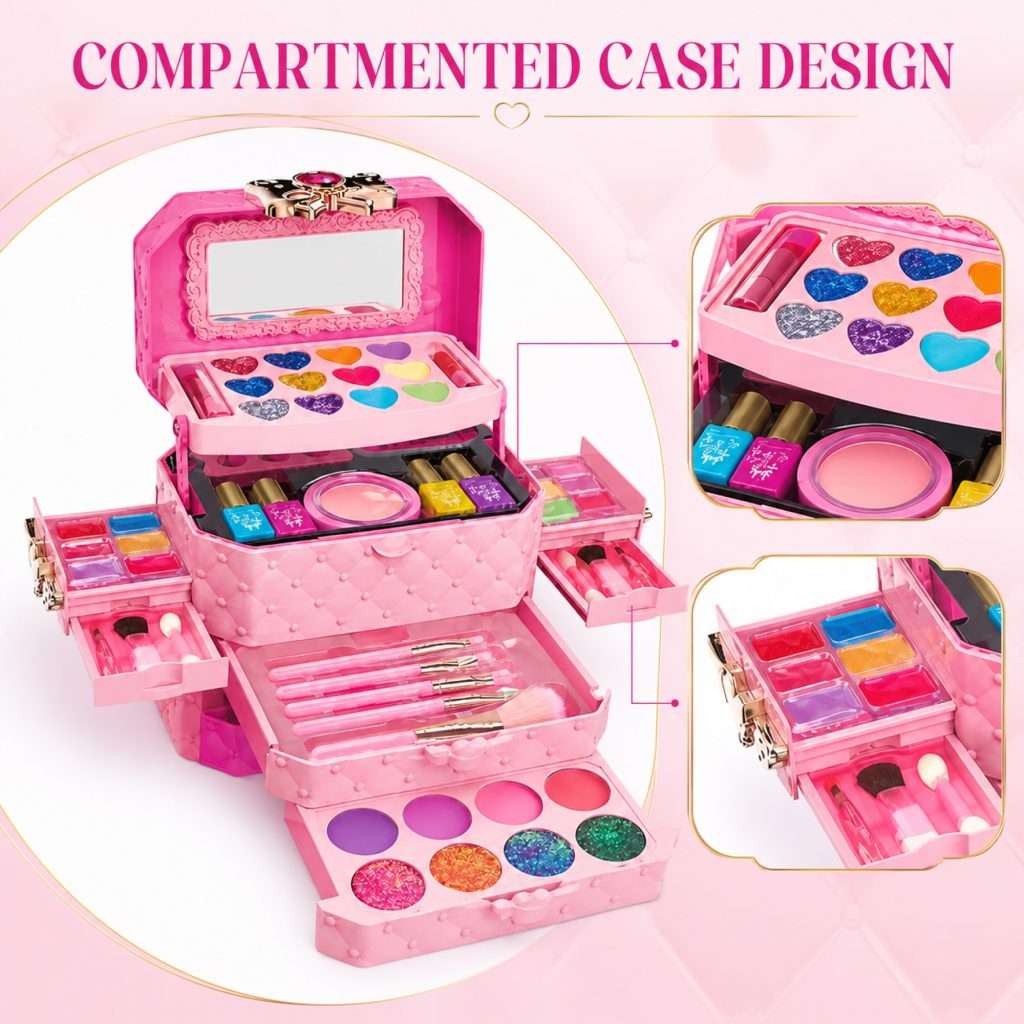 Concept detail of the pink play set case with visible trays and drawers