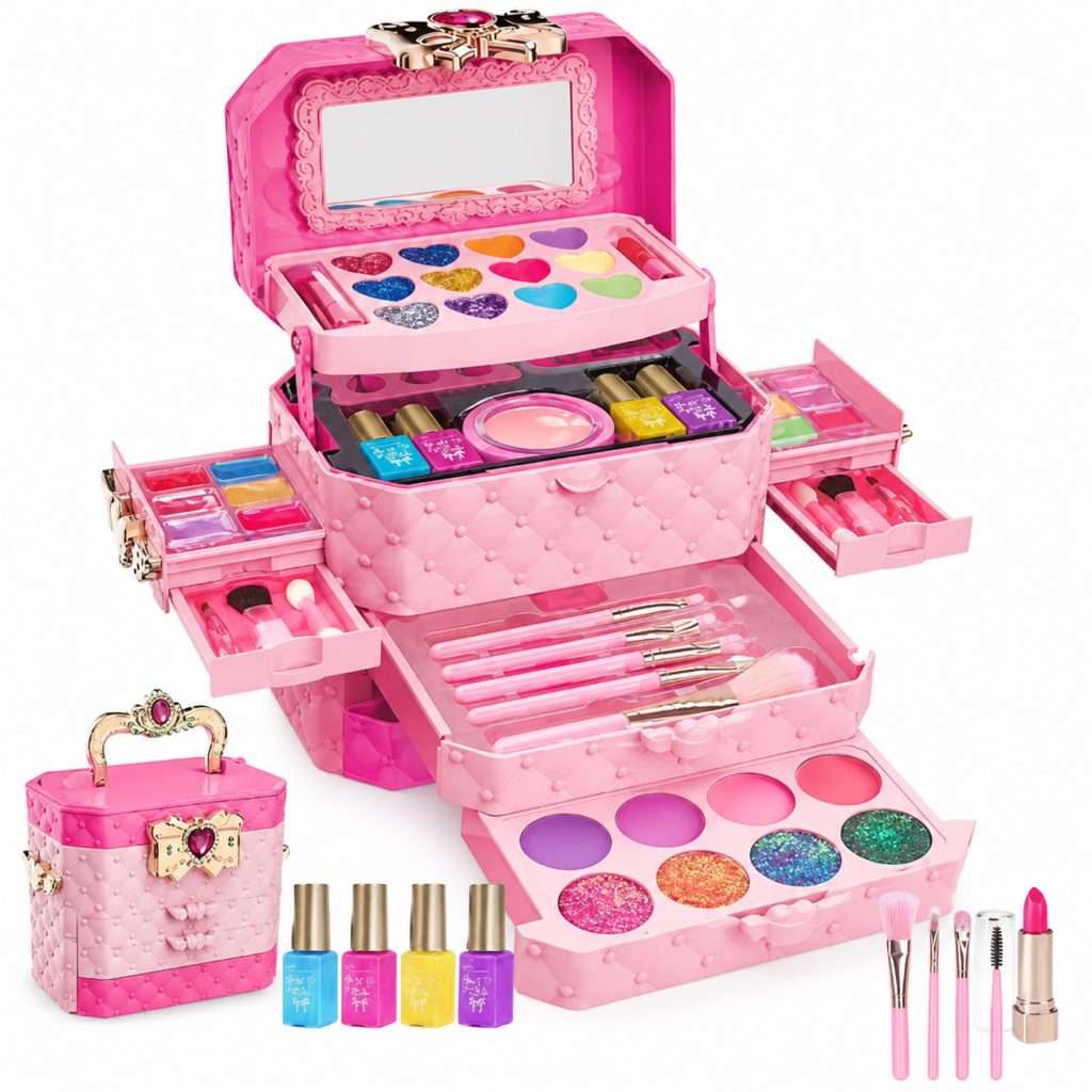 Concept image of a pink kids makeup box play set on a white background