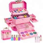 Concept image of a pink kids makeup box play set on a white background