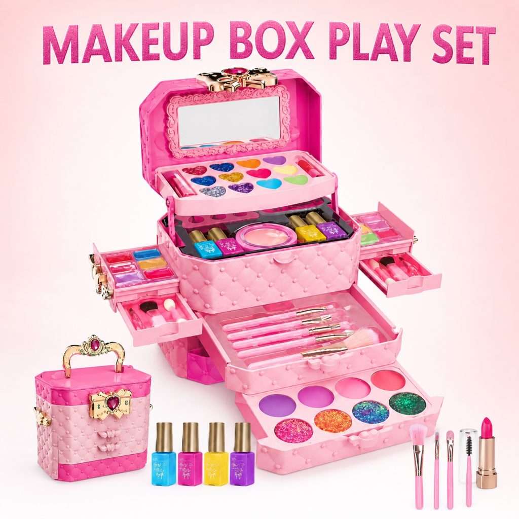 Concept overview of a pink makeup box play set with an open case