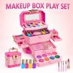 Concept overview of a pink makeup box play set with an open case