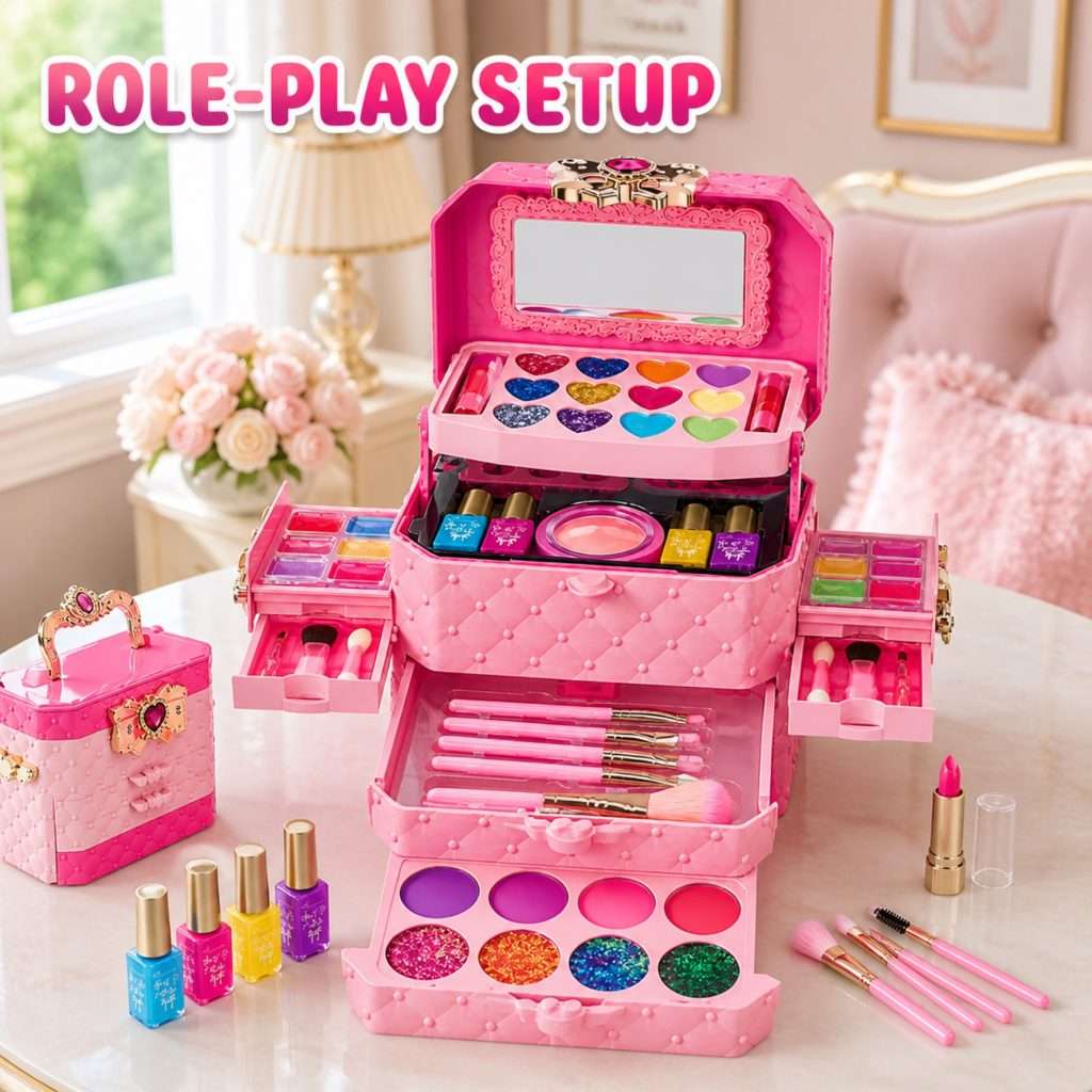 Concept scene of the pink makeup box play set on a vanity tabletop