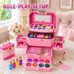 Concept scene of the pink makeup box play set on a vanity tabletop