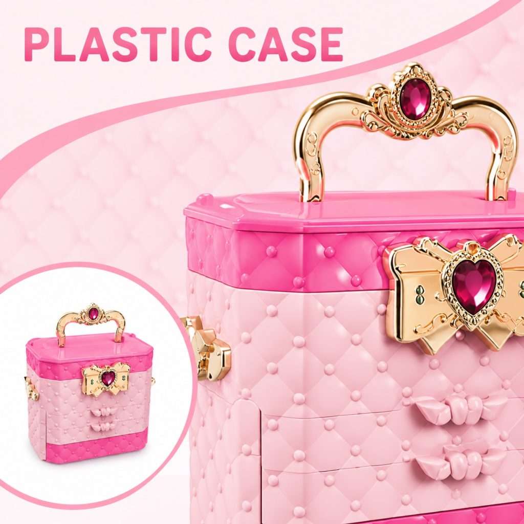 Concept close-up of the pink plastic makeup box exterior